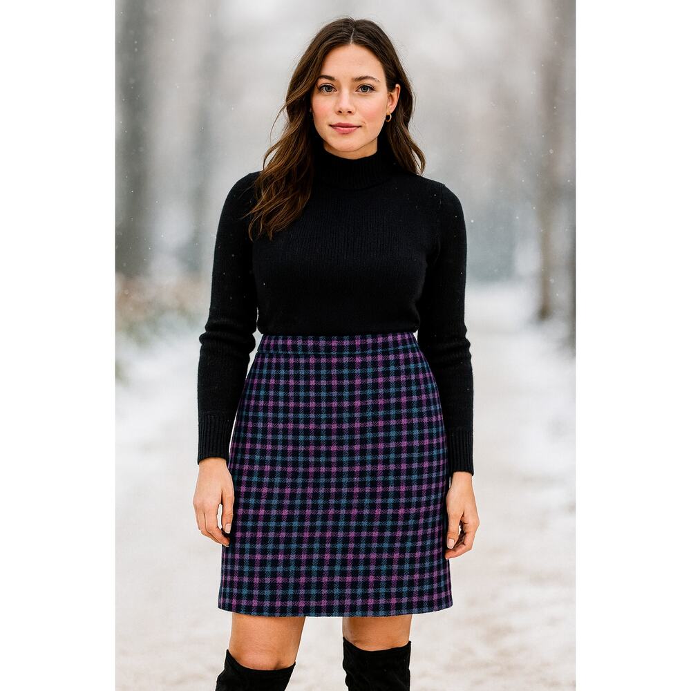 Talbots Plus SZ 18W Wool Blend Check Plaid Mini Skirt in Black-Pink-Aqua